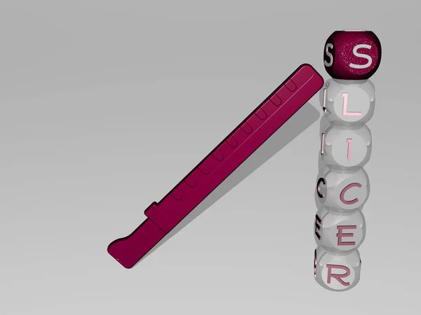 Slicer 3D图标除了单个字母的垂直文本外 还有食物和鸡蛋的3D插图 — 图库照片