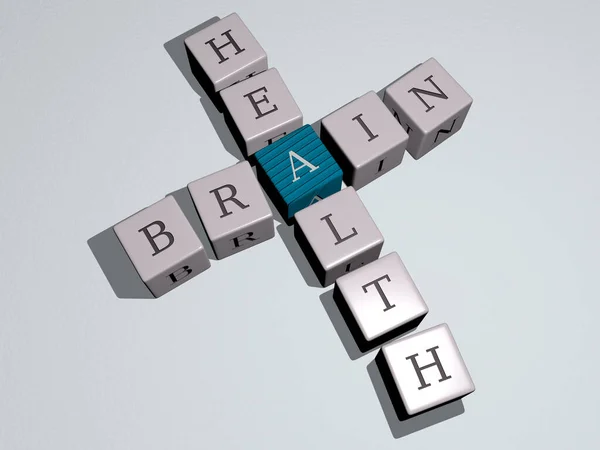 用三次骰子字母拼凑大脑健康填字游戏 用3D图解概念和背景 — 图库照片