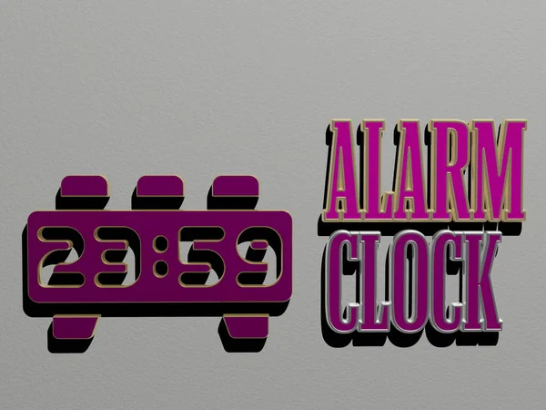 Alarm Clock Icona Testo Sulla Parete Illustrazione Sfondo Concetto — Foto Stock