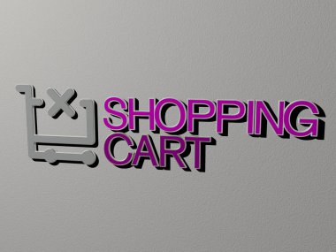 Alışveriş CART simgesi ve duvarda metin, arkaplan ve iş için 3D illüstrasyon