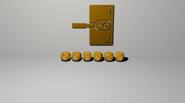 Duvarda WRENCH 3D simgesi ve yerdeki kübik alfabelerin metni, arkaplan ve inşaat için 3D illüstrasyon