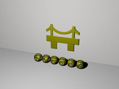 Duvarda üç boyutlu bir simge ve yerdeki kübik alfabelerin metni, şehir ve mimari için üç boyutlu illüstrasyon