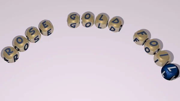ROSE GOLD FOIL text of dice letters with curvature, 3D illustration for background and flower