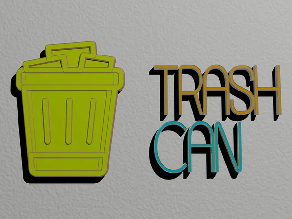 Prezentacja Trash Can Ikoną Ścianie Tekstem Ułożonym Metalicznymi Literami Sześciennymi — Zdjęcie stockowe