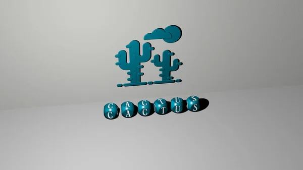 墙上的Cactus 3D图标和地板上的立方字母文本 背景和绿色的3D插图 — 图库照片