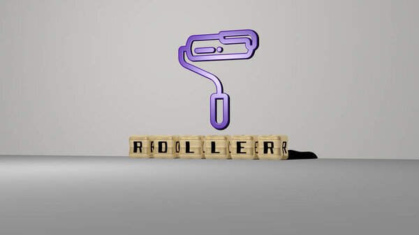 roller 3D icon on the wall and cubic letters on the floor, 3D illustration for background and paint