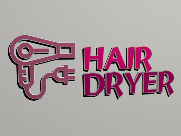 墙上的Hair Dryer图标和文字 美丽女孩的3D插图 — 图库照片