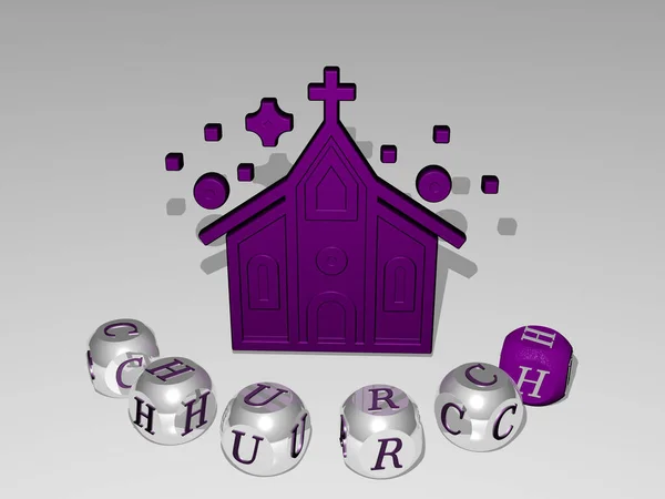 CHURCH round text of cubic letters around 3D icon, 3D illustration for architecture and building