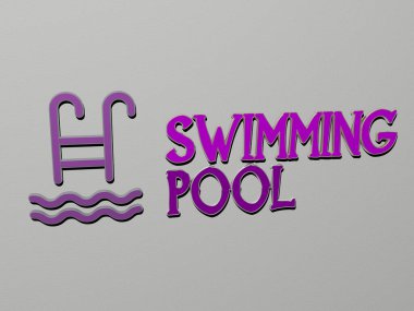 Yüzme havuzu simgesi ve duvarda metin, mavi ve su için 3D illüstrasyon