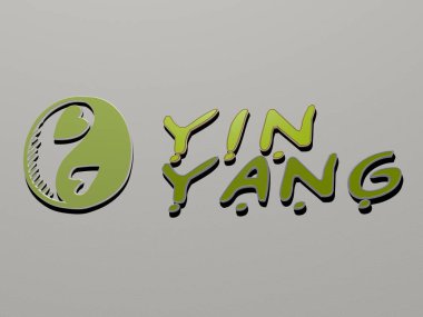 Yin yang simgesi ve duvardaki metin, sembol ve arkaplan için 3D illüstrasyon