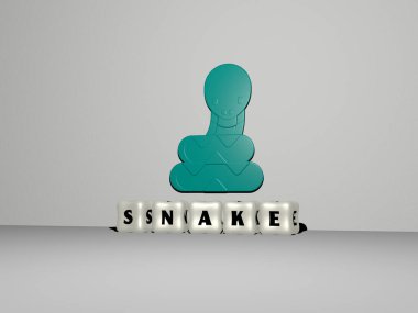 Duvardaki yılan 3D simgesi ve yerdeki küp harfler, hayvan ve arkaplan için 3D illüstrasyon