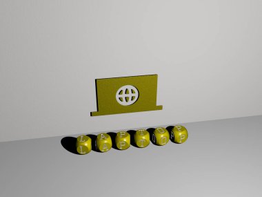 LAPTOP 'un 3 boyutlu tasviri, duvarda simge ve ayna zemininde metal kübik harflerle bilgisayar ve iş dünyası için konsept ve slayt gösterisi sunumu için düzenlenmiş metin