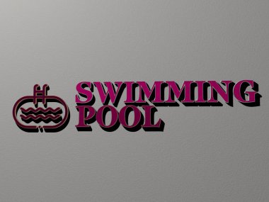 Yüzme havuzu simgesi ve duvarda metin, mavi ve su için 3D illüstrasyon