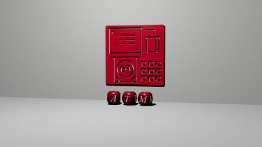 Duvardaki ATM 3D simgesi ve yerdeki kübik alfabelerin metni, banka ve kart için 3D illüstrasyon