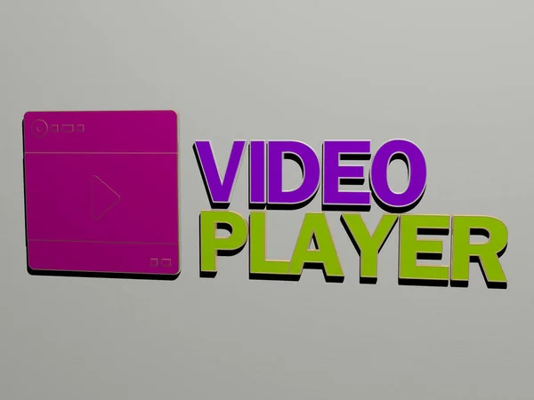 3D representation of video player with icon on the wall and text arranged by metallic cubic letters on a mirror floor for concept meaning and slideshow presentation for illustration and background