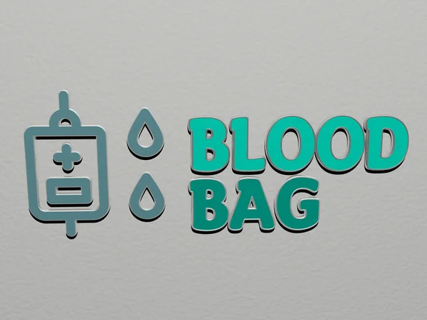 Blood Bag图标和墙上文字 背景和护理的3D插图 — 图库照片