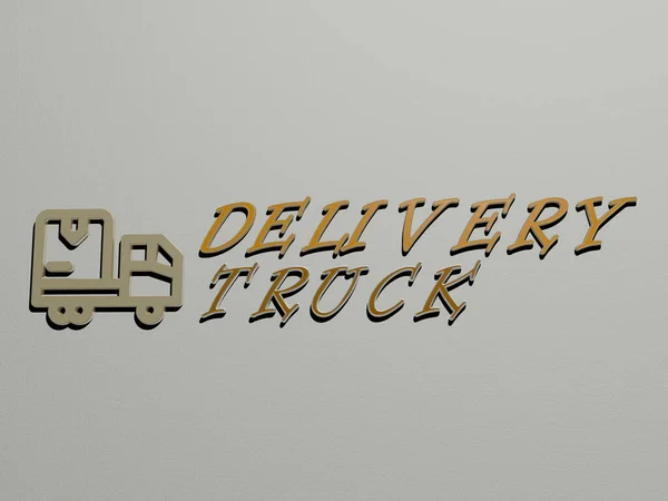 壁にトラックのアイコンとテキストを配信 ビジネスやボックスのための3Dイラスト — ストック写真
