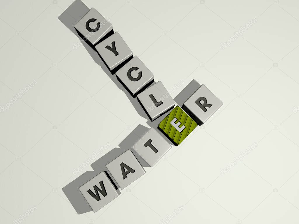 water cycle crossword by cubic dice letters, 3D illustration for background and blue