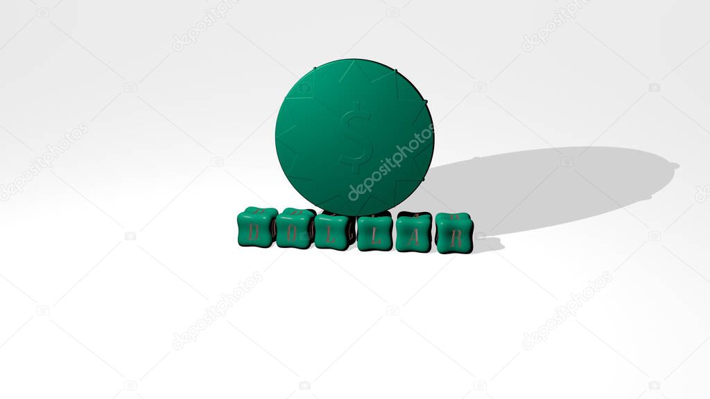 dollar 3D icon object on text of cubic letters, 3D illustration for business and money