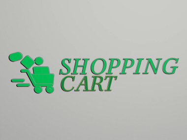 Alışveriş CART simgesi ve duvarda metin, arkaplan ve iş için 3D illüstrasyon