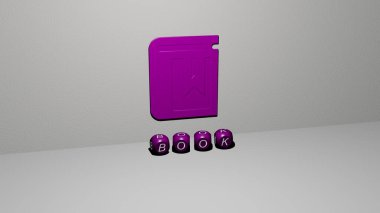 Duvardaki 3 boyutlu kitap simgesi ve yerdeki kübik alfabelerin metni, arkaplan ve tasarım için 3 boyutlu illüstrasyon