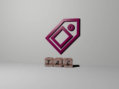 TAG 3D icon on the wall and cubic letters on the floor, 3D illustration for sign and banner clipart