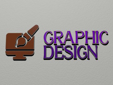 Duvardaki grafik tasarım simgesi ve metin, arkaplan ve soyut için 3D illüstrasyon