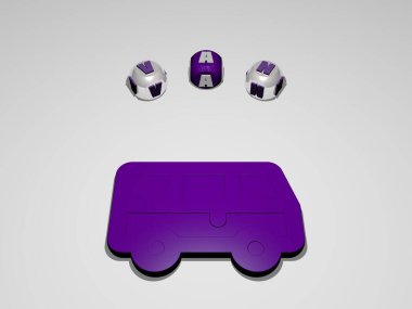 3 boyutlu simge etrafındaki ayrı harflerin VAN dairesel metni, araba ve yazı işleri için 3D illüstrasyon