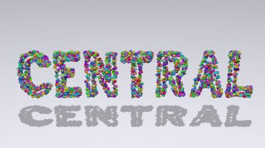 CENTRAL: Şehir ve mimari için gölgeli beyaz arkaplan üzerinde küçük nesnelerden yapılmış metnin üç boyutlu çizimi