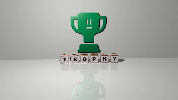 地板上的立方骰子字母和墙壁上的3D图标的Trophy文本 用于颁奖和奖杯的3D插图 — 图库照片