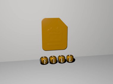 Duvardaki 3B simgesi ve yerdeki kübik alfabelerin metni, arkaplan ve iş dünyası için 3D illüstrasyon