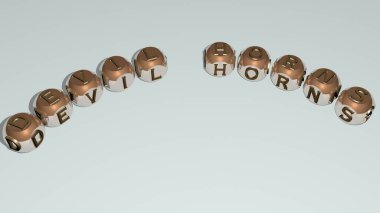DEVIL HORNS text of dice letters with curvature, 3D illustration for cartoon and background clipart