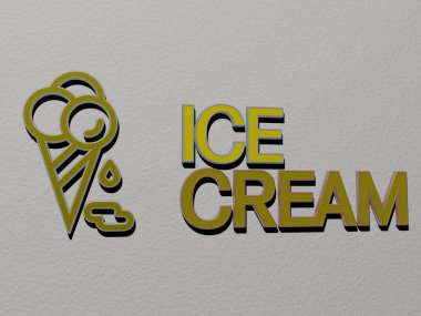 ICE CREAM simgesi ve duvardaki metin, arkaplan ve soğuk için 3D illüstrasyon