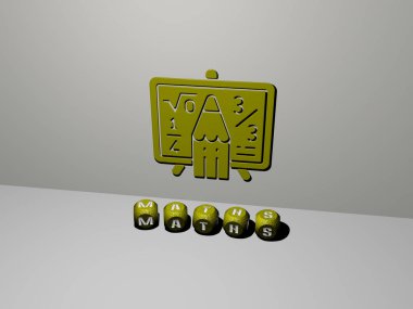 Duvardaki MATHS 3D simgesi ve yerdeki kübik alfabelerin metni, arka plan ve eğitim için 3D illüstrasyon