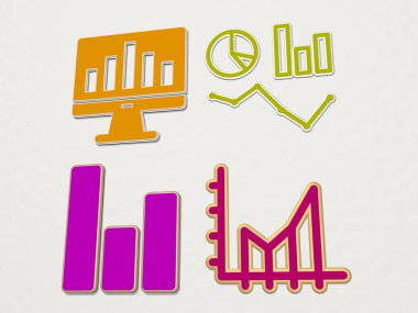 GRAPHS 4 simge seti, iş ve grafik için 3D illüstrasyon