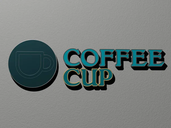 咖啡杯图标和墙上的文字 背景和咖啡馆的3D插图 — 图库照片
