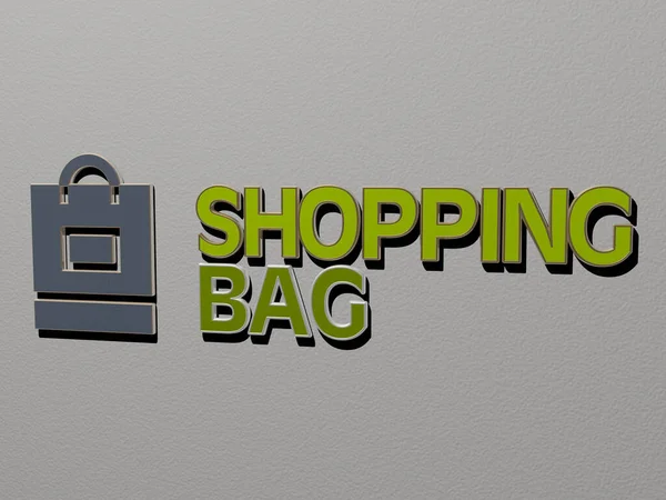 购物袋图标和墙壁上的文字 背景和商业的3D插图 — 图库照片