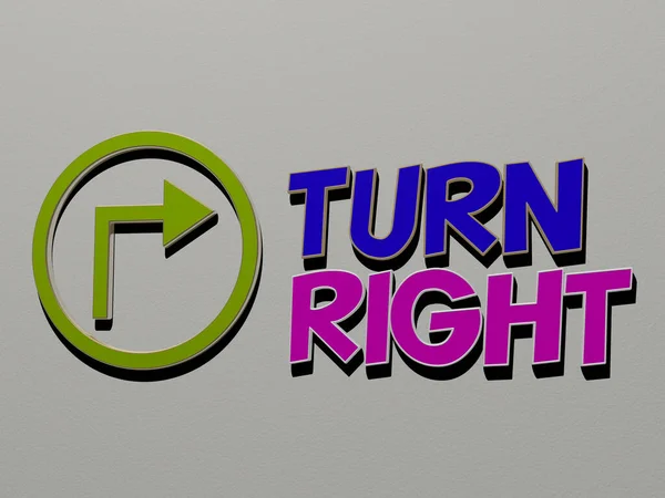Representation Turn Right Icon Wall Text Arranged Metallic Cubic Letters — Stock Photo, Image