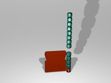 3D simgenin yanında hazine sandığı metni, arkaplan ve altın için 3D illüstrasyon