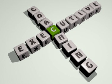 Kübik zar harfleri ile Execütive COACHING bulmacası, iş ve iş adamları için 3D illüstrasyon
