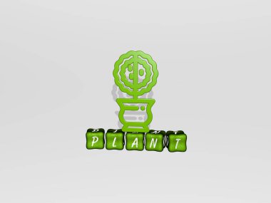 bitki 3B simgesi küp metin üzerinde, arkaplan ve yeşil için 3D resimleme