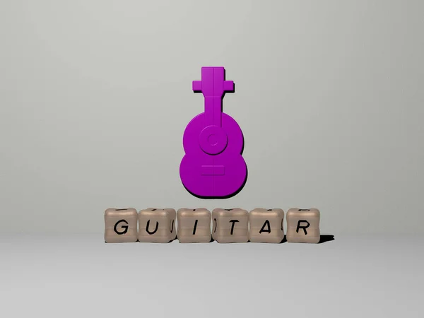 Guitarra Ícone Parede Letras Cúbicas Chão Ilustração Para Fundo Acústico — Fotografia de Stock