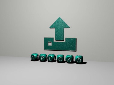Resim ve indirme için ayna zemininde metalik kübik harfler tarafından konsept anlamı ve slayt gösterisi sunumu için düzenlenmiş ve duvarında simge olan 3B gönderme temsili