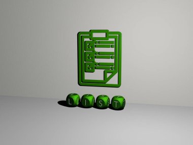 Duvardaki 3B simgesi ve yerdeki küp alfabelerin metni, iş ve arkaplan için 3D illüstrasyon