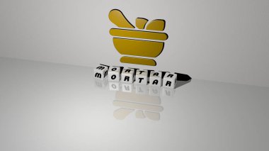 Zeminde küp zar harfleri ve duvarda 3D simge, arkaplan ve tokmak için 3B illüstrasyon