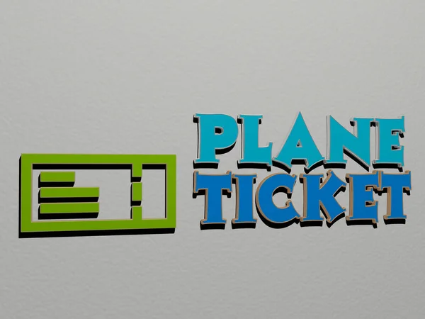 Reprezentacja Plane Ticket Ikoną Ścianie Tekstem Ułożonym Metalicznymi Literami Sześciennymi — Zdjęcie stockowe