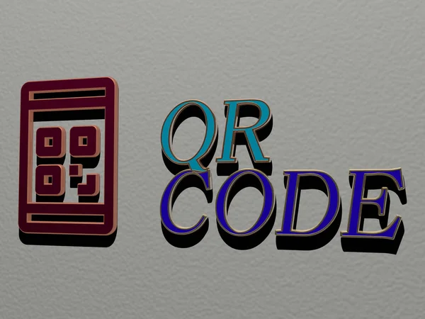 Qr代码图形的三维图解和用金属骰子字母表示的文本 说明概念的相关含义以及商业和背景介绍 — 图库照片