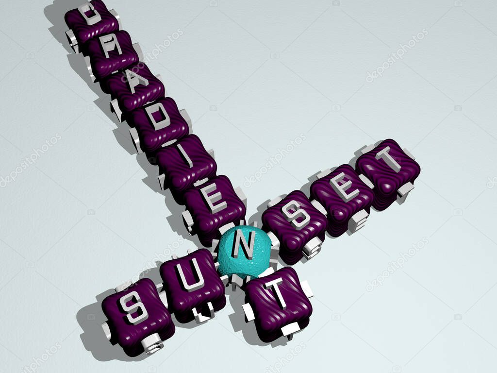 sunset gradient crossword of colorful cubic letters, 3D illustration for beautiful and background