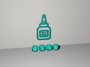 Duvarda 3 boyutlu simge ve yerdeki küp alfabelerin metni, arkaplan ve kağıt için 3 boyutlu illüstrasyon