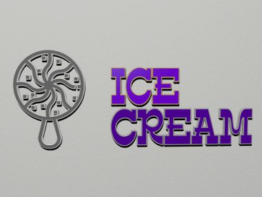 ICE CREAM simgesi ve duvardaki metin, arkaplan ve soğuk için 3D illüstrasyon